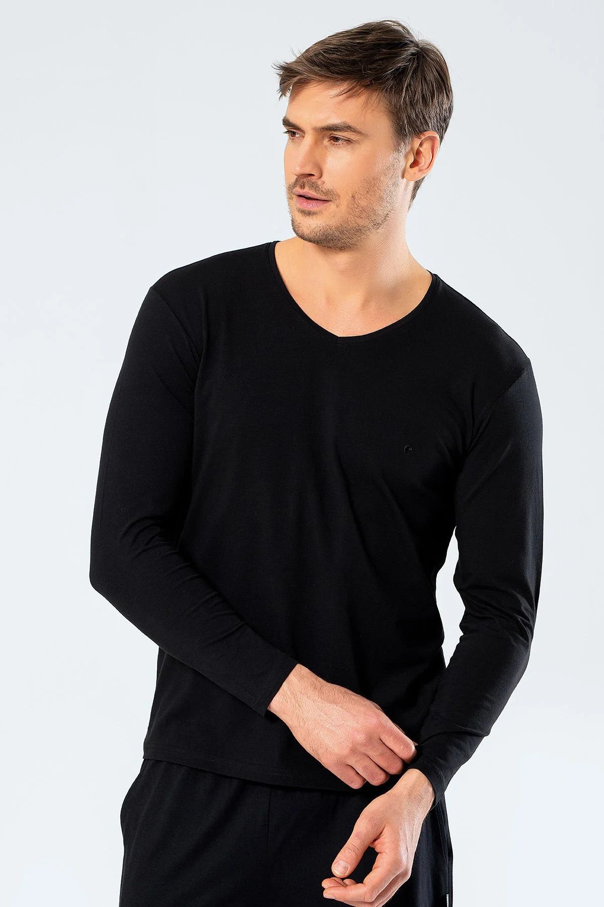 Cacharel Erkek T-Shirt, Pamuklu & Likralı, Uzun Kollu, V Yaka