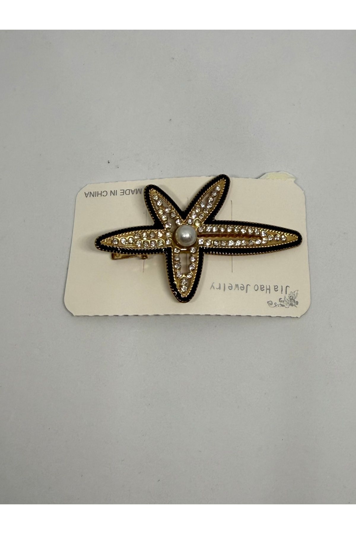 Gulsah's Store Zirkon taş ve inci detaylı deniz yıldızı figürlü siyah-gold pensli toka