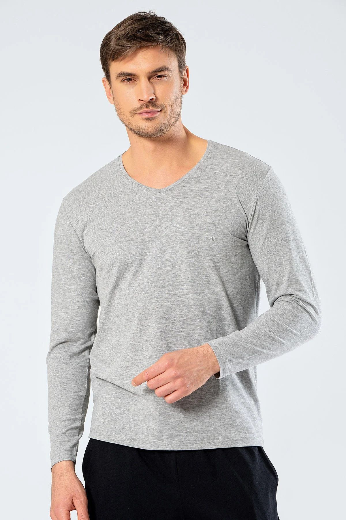Cacharel Erkek T-Shirt, Pamuklu & Likralı, Uzun Kollu, V Yaka