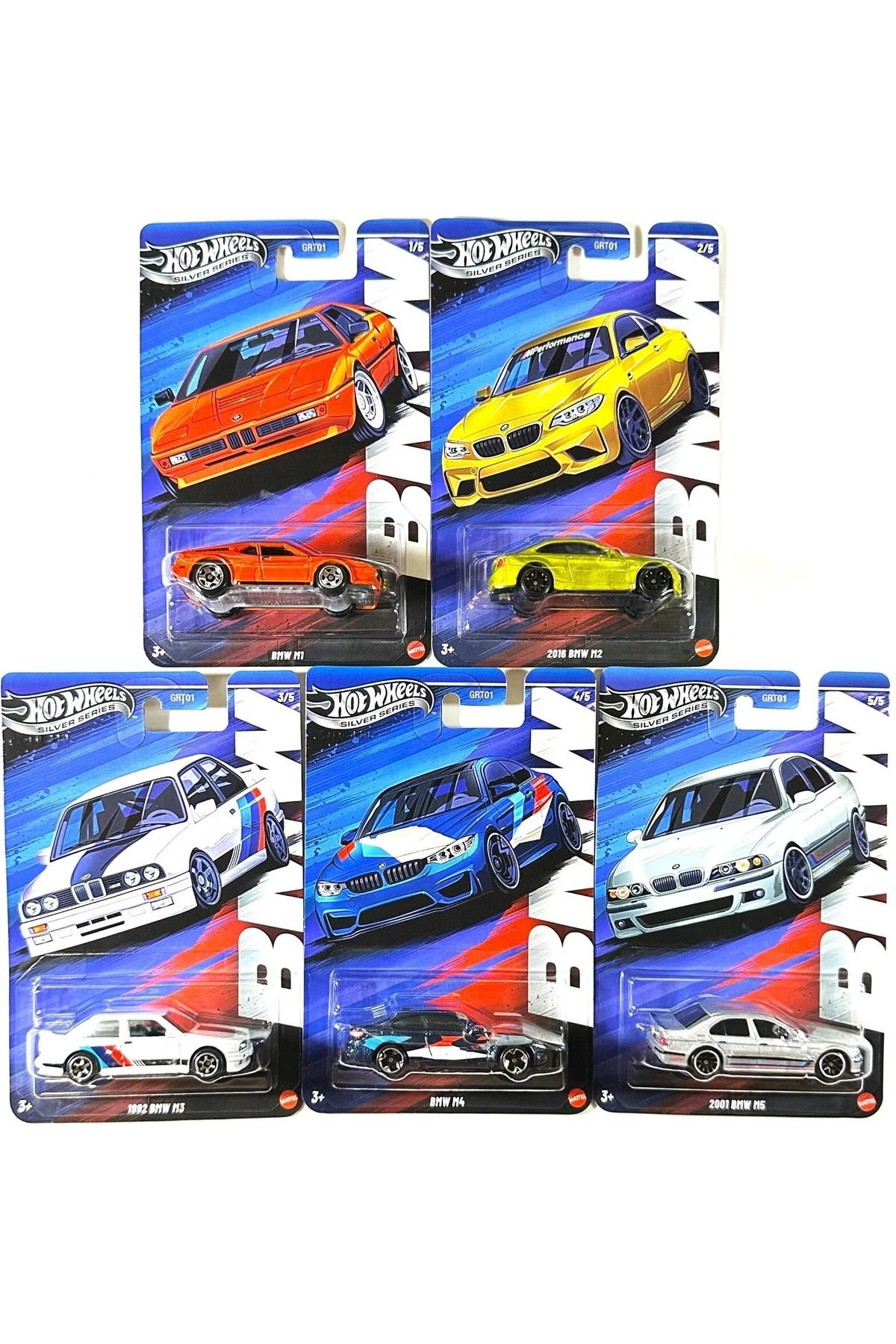 HOT WHEELS BMW Silver Series 5’li Araba Seti – M1, M2, M3, M4, M5 – Koleksiyonluk Diecast Model