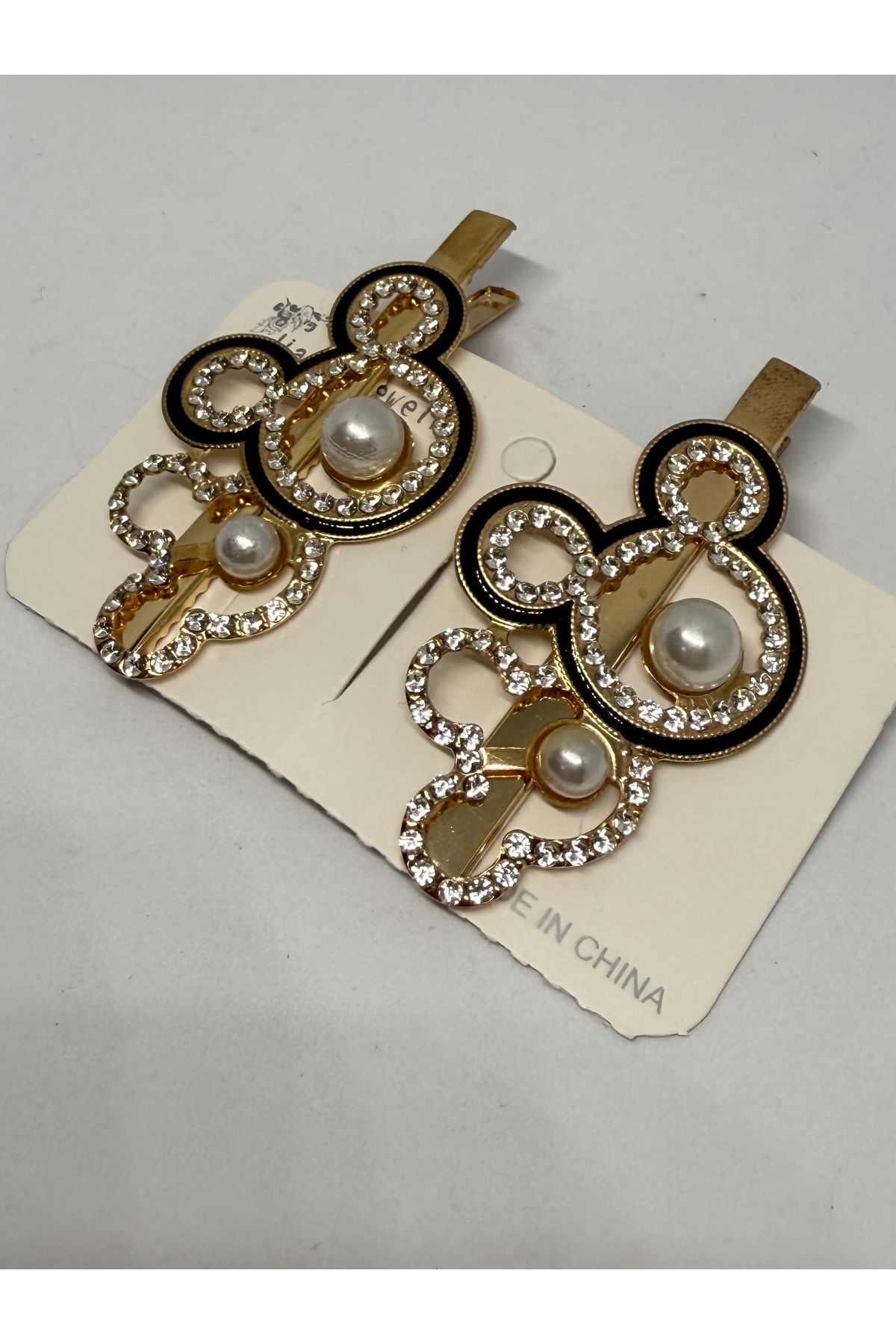 Gulsah's Store Zirkon taş ve inci detaylı ayıcık figürlü siyah-gold pensli toka