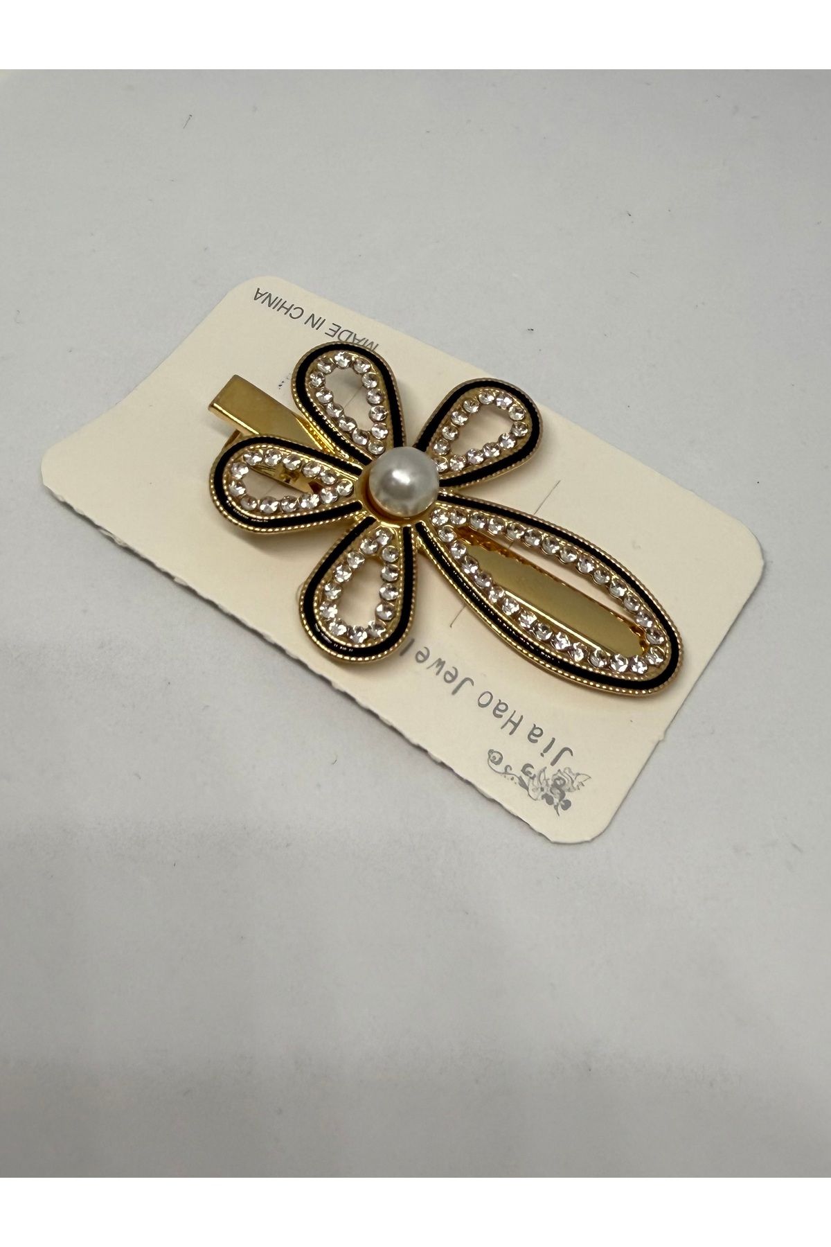 Gulsah's Store Zirkon taş ve inci detaylı çiçek figürlü siyah-gold pensli toka