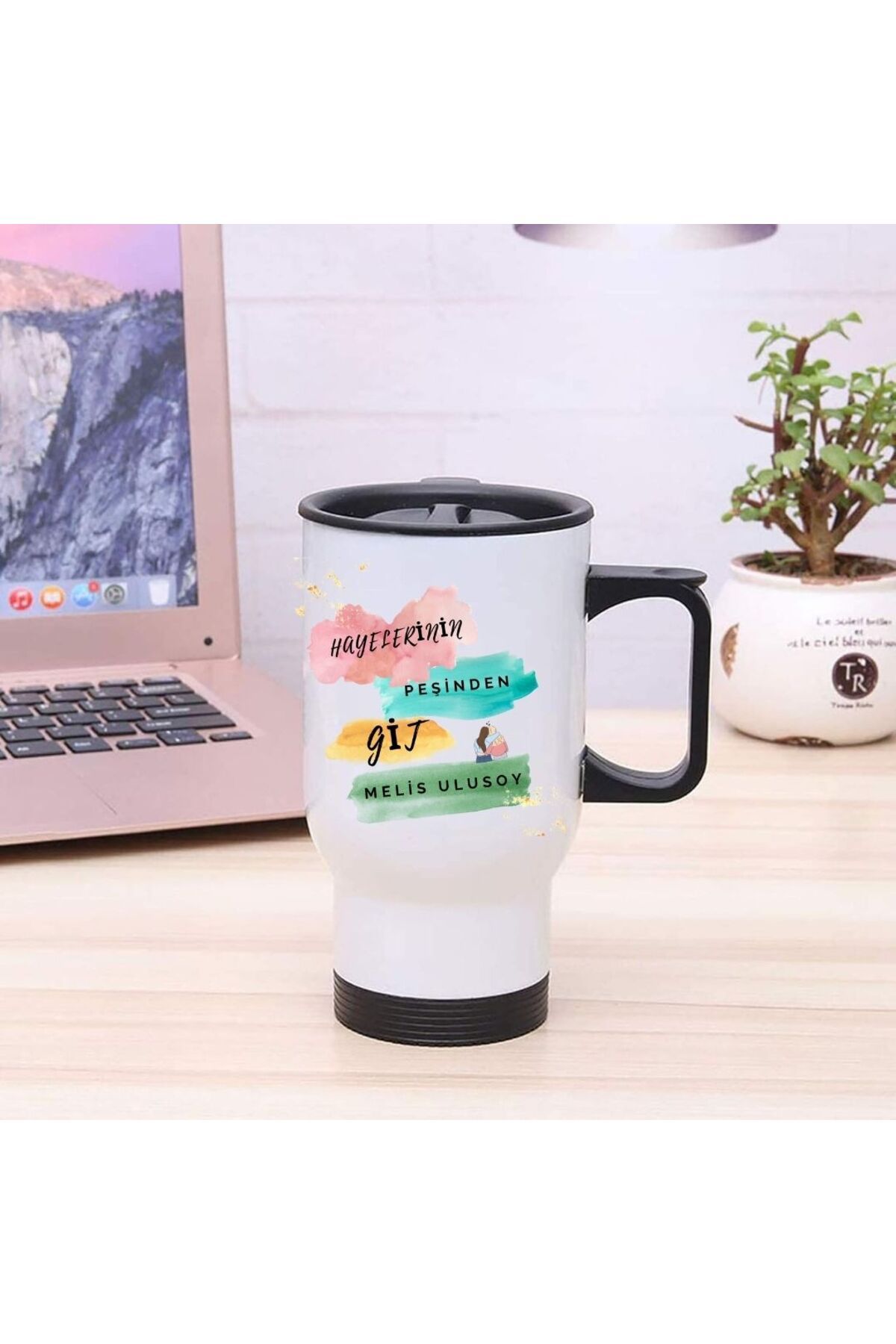 gifttime Kişiye Özel Kulplu Hayellerinin Peşinden Git Tasarımlı Çelik Bardak Termos - 450mlt