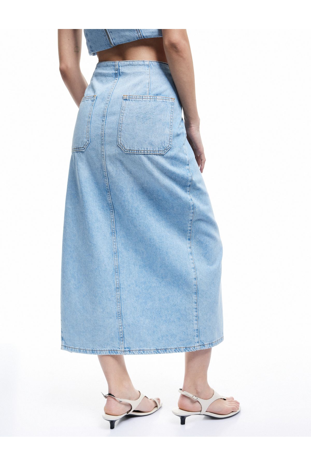 Koton-New Season Button Detailed Slit Regular Waist Slim Fit Midi Denim Pencil Skirt 3