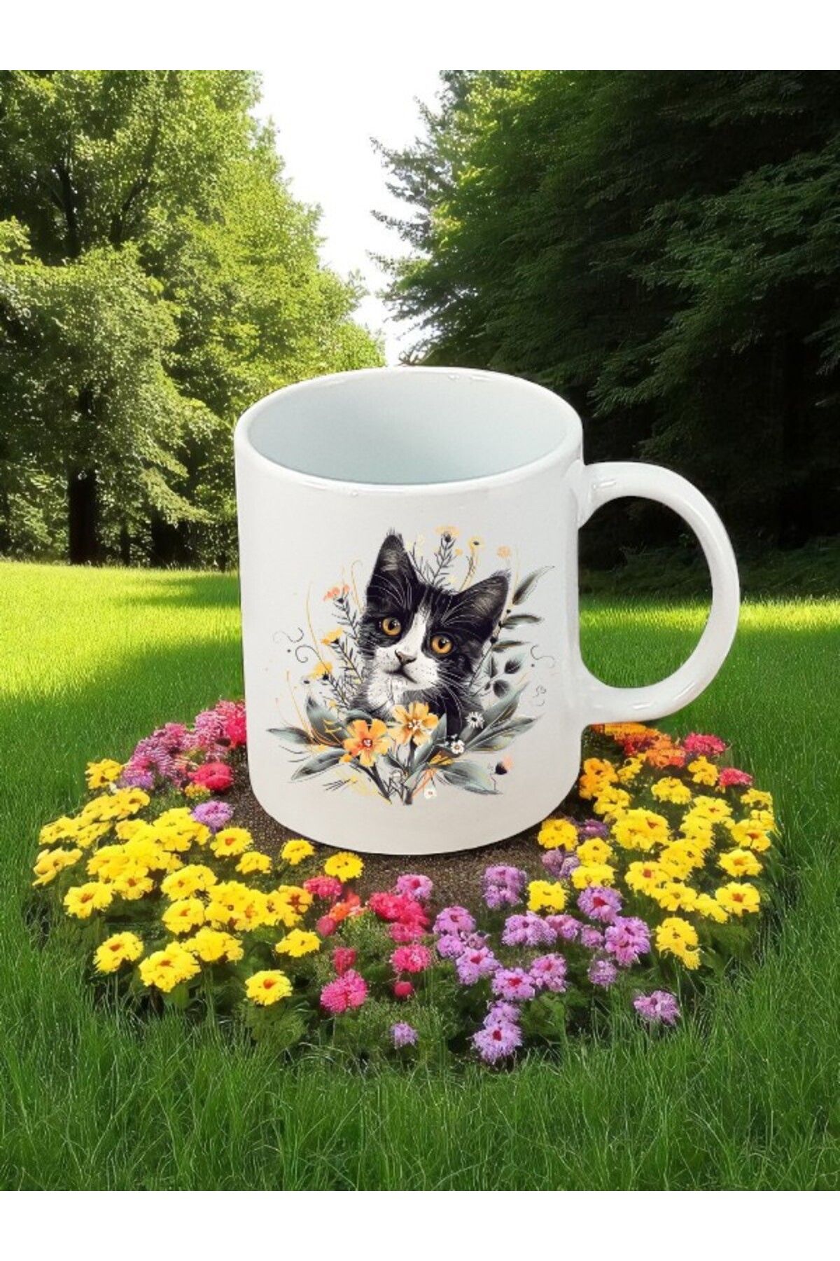 lili hediyelik Çiçekli Yavru Kedi Baskılı Beyaz Kupa Bardak