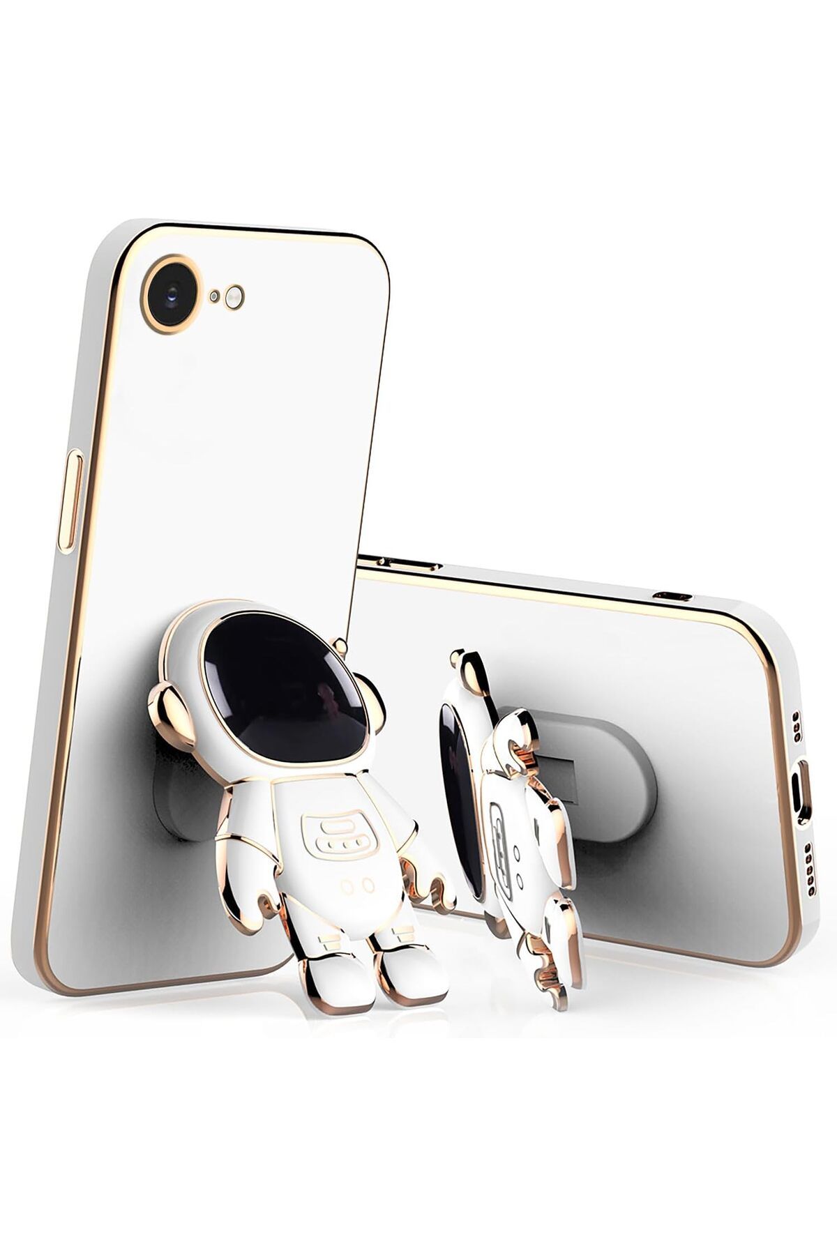 Rivor Apple iPhone 16e Kılıf Parlak Kenarlı Altın İşleme Astronot Figürlü Standlı Kamera Korumalı Kapak