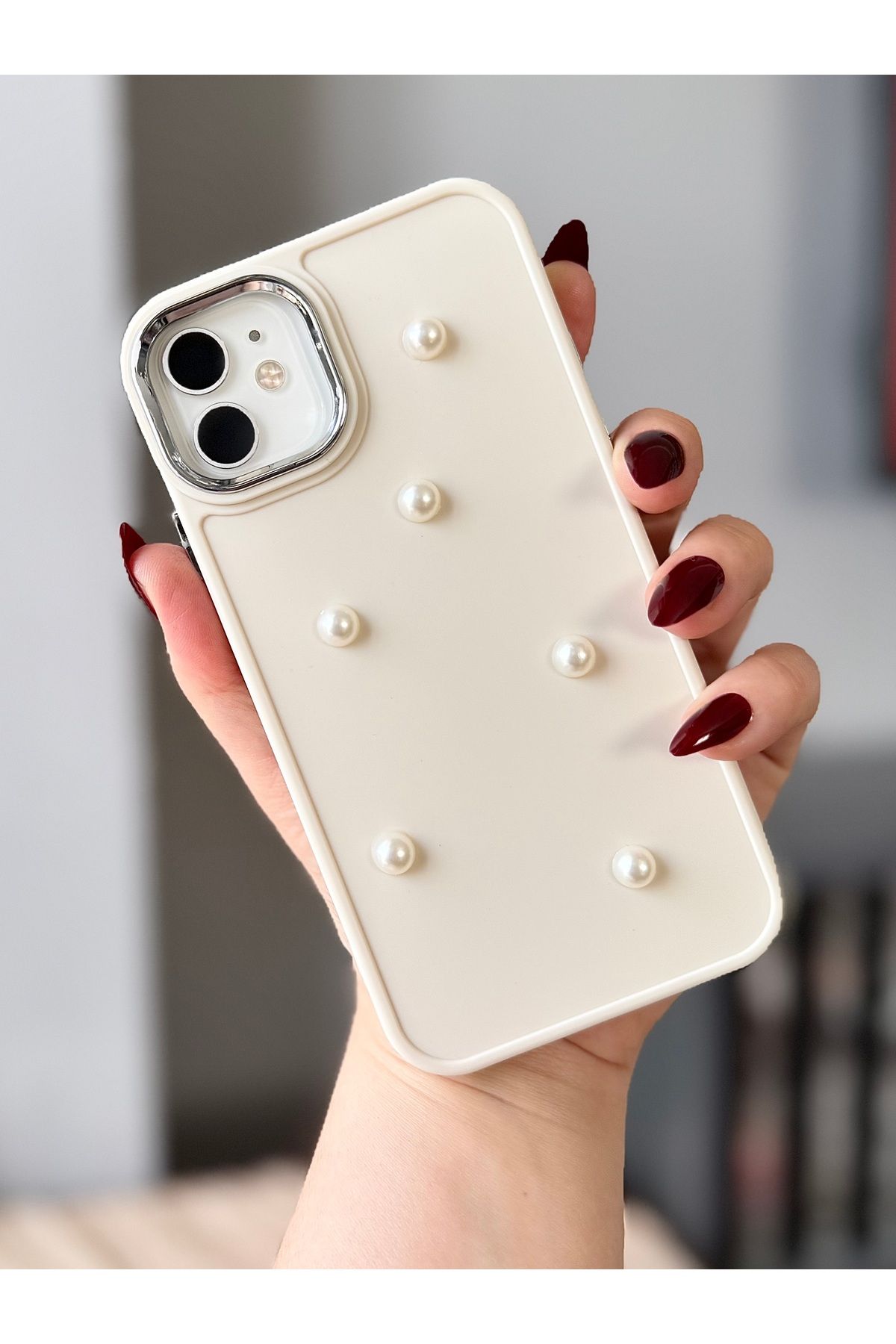 MirazTasarim IPHONE 11 3D İNCİ DEKORLU EKRU KILIF