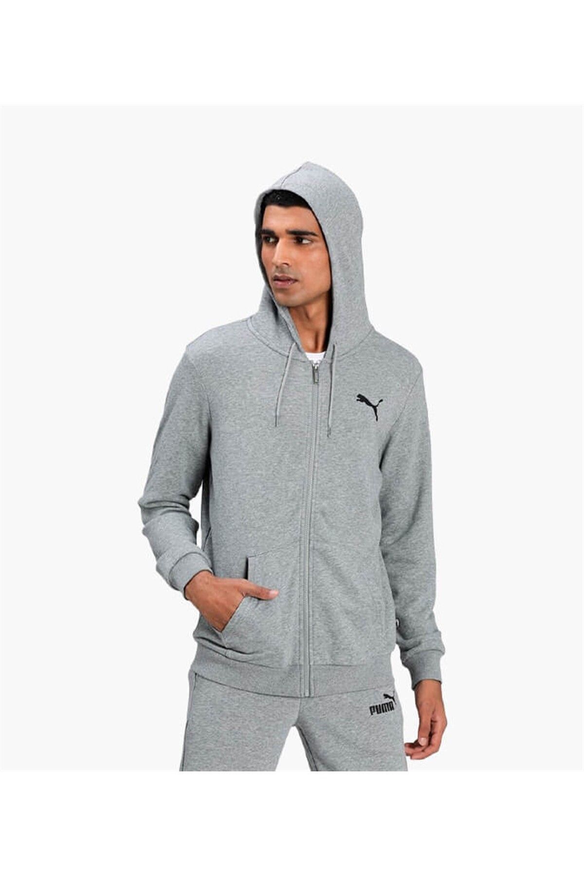 Puma Ess Small Logo Fz Hoodie Erkek Gri Kapüşonlu Fermuarlı Sweatshirt / Hırka - 586704 53