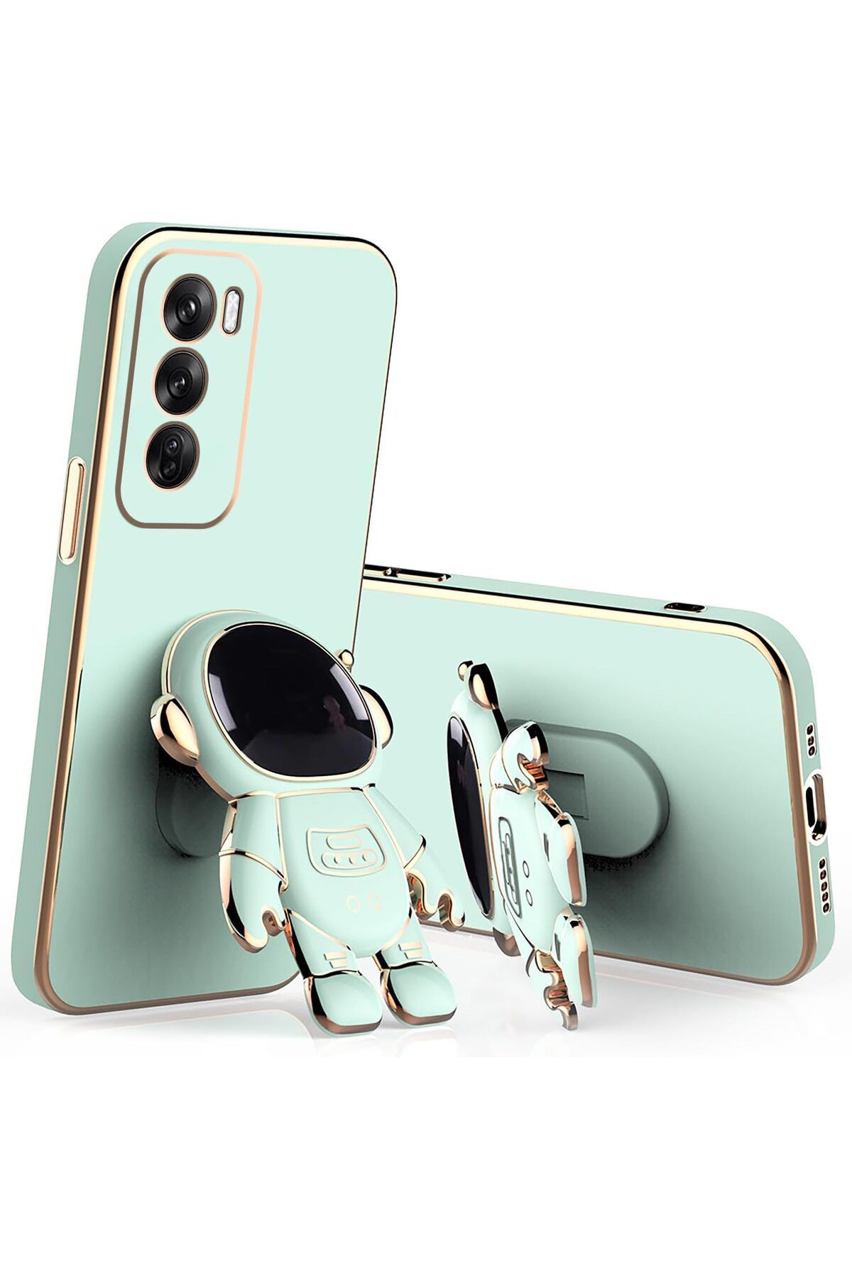 Rivor Realme C75 Uyumlu Kılıf Parlak Kenarlı Altın İşleme Astronot Figürlü Standlı Kamera Korumalı Kapak