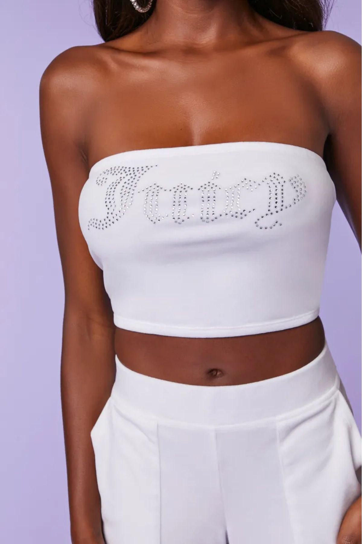 3 ROPE Juicy Rhinestone Taş Baskılı Straplez Crop Top Büstiyer