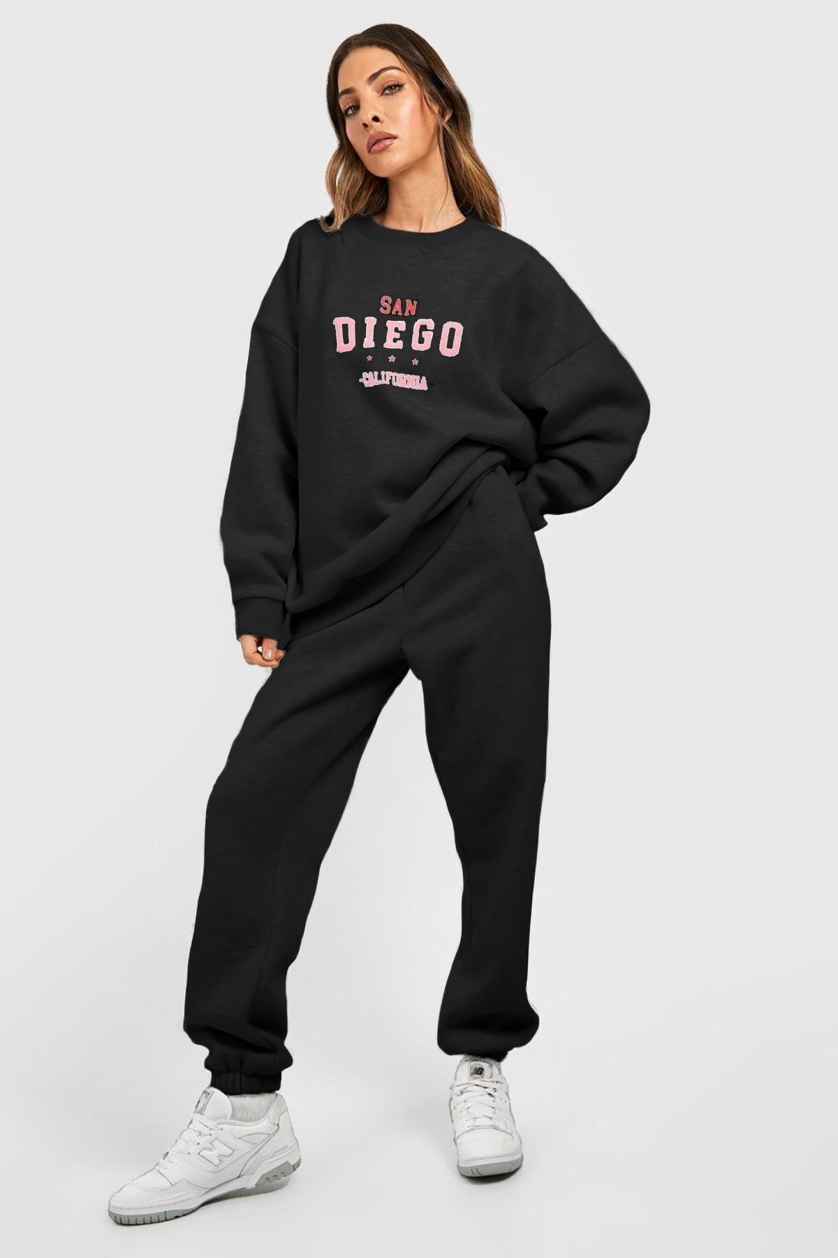 Boi Siyah San Diego California Eşofman Takımı Baskılı Takım Jogger Sweatshirt Lastik Paça Bisiklet Yaka