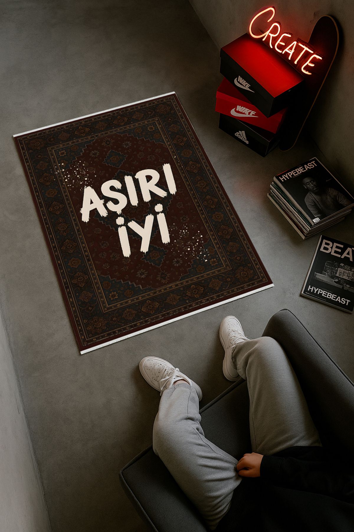 TNYLOF Klasik Motifli "Aşırı İyi" Halı – Retro Yazılı Tasarım | Kaymaz, Yıkanabilir, Robot Süpürge Uyumlu