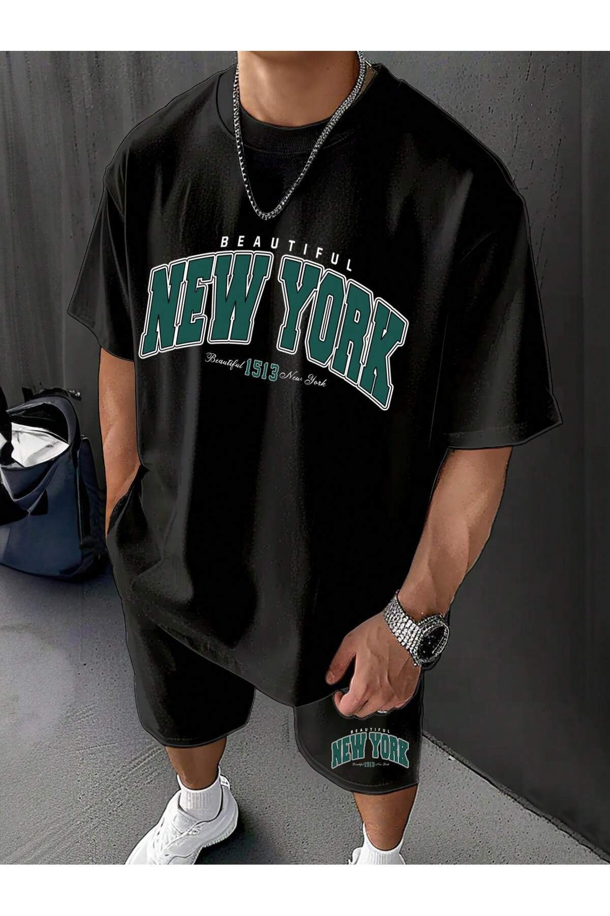 Boi New York 1513 T-Shirt Şort - Siyah Şortlu Tişört Alt Üst Takım Baskılı Bisiklet Yaka
