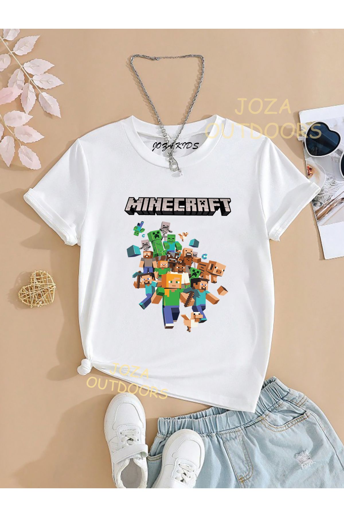 Joza Outdoors Unisex Kız ve Erkek Minecraft Tasarım SIRT Baskılı Renkli Çocuk Tekli T-shirt