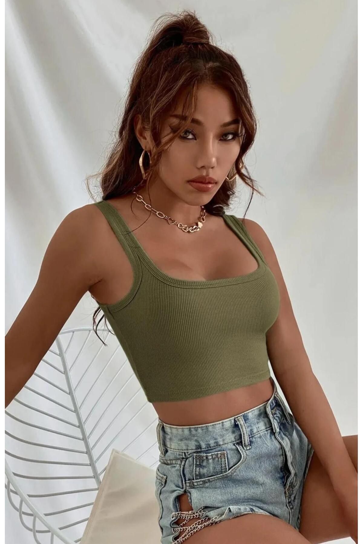 ARONA kadın haki askılı crop bluz