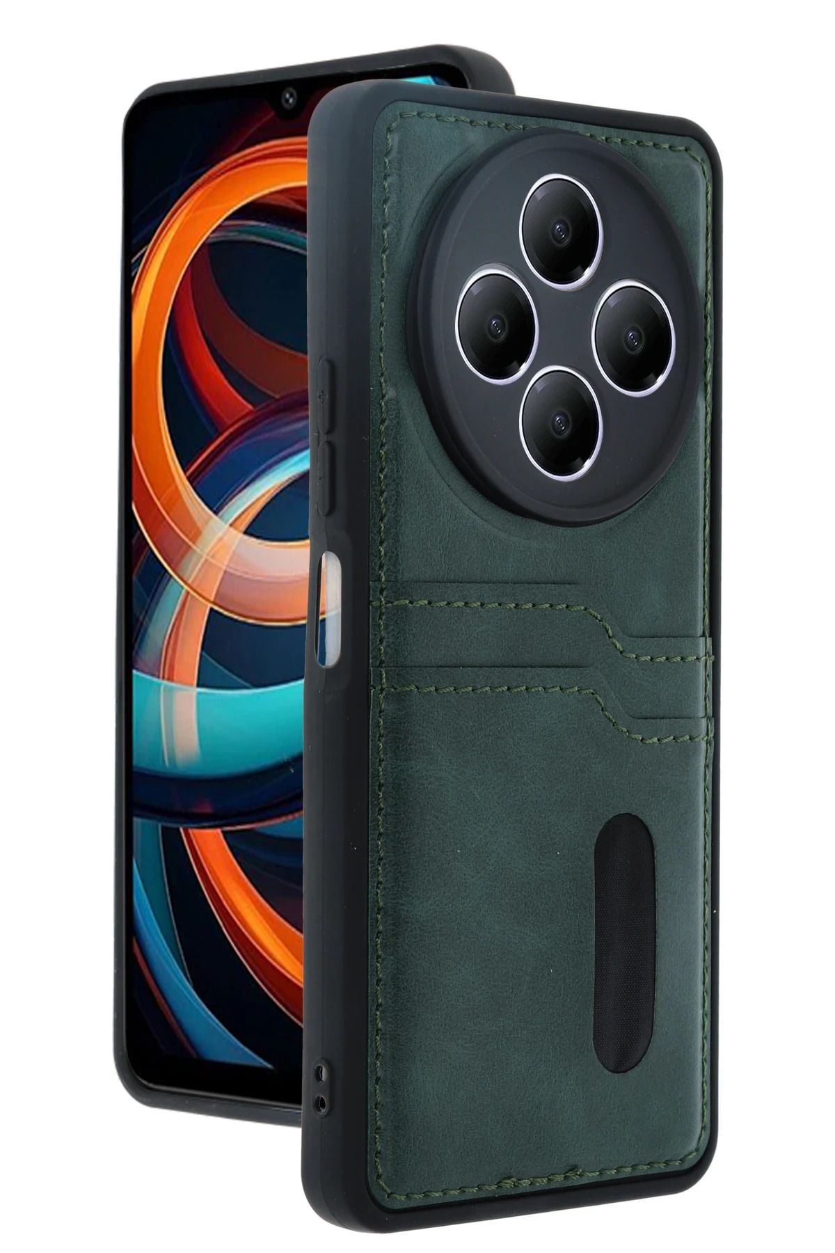 CepteToptan Xiaomi Redmi 14C Kılıf Sara Kartvizitli Deri Kılıf - Koyu Yeşil