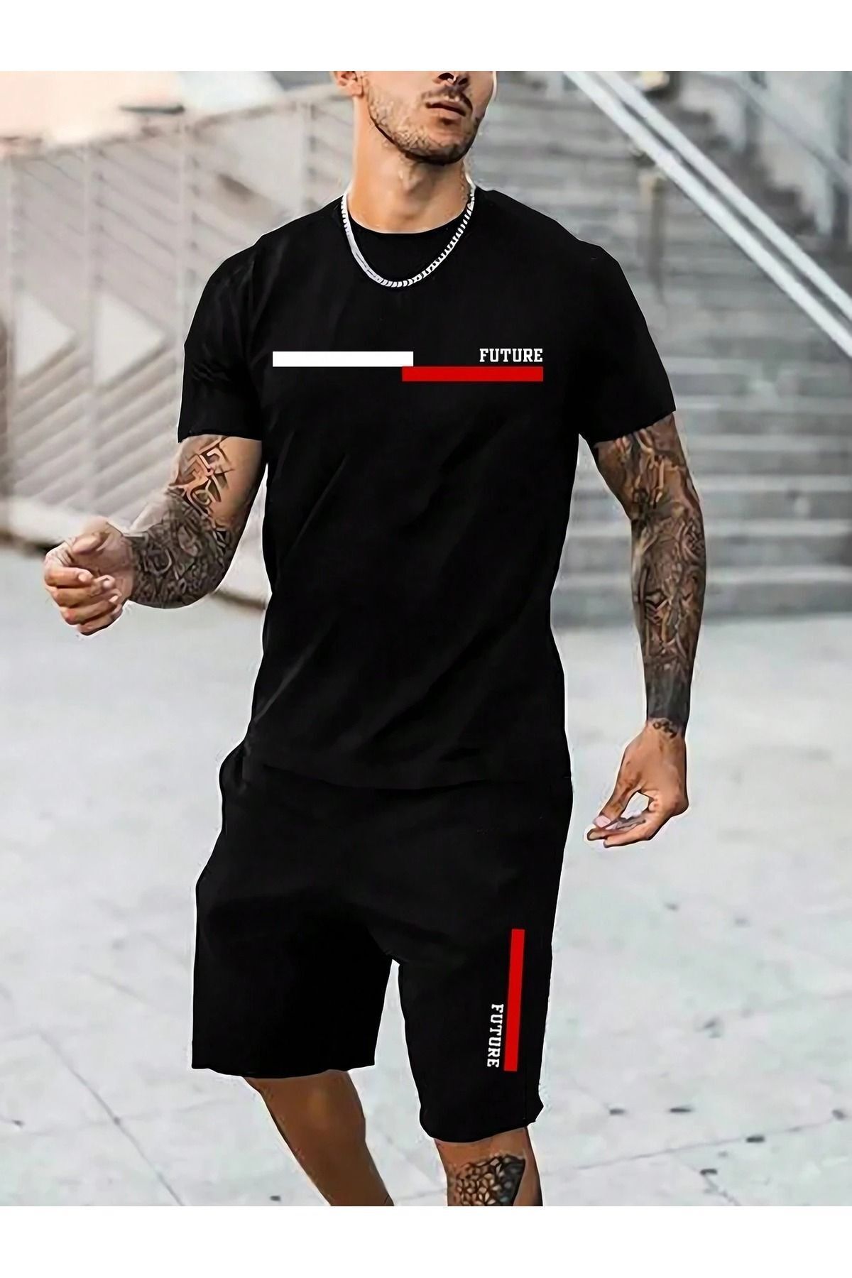 Boi Future Çizgi T-Shirt Şort Kombin Takım - Siyah Baskılı Oversize Bisiklet Yaka