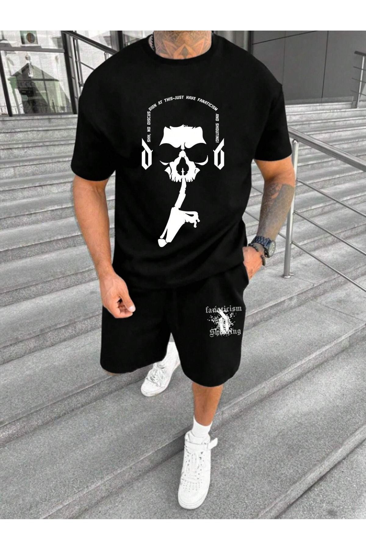 Boi Fanaticism T-Shirt Şort - Siyah Şortlu Tişört Alt Üst Takım Baskılı Bisiklet Yaka