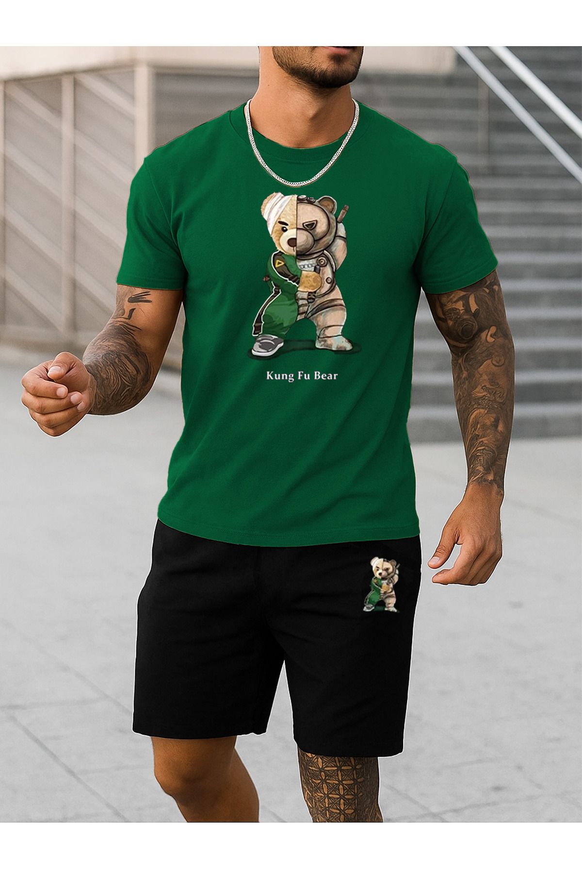 Boi Kung Fu Bear T-Shirt Şort - Nefti Yeşil Siyah Şortlu Tişört Alt Üst Takım Baskılı Bisiklet Yaka