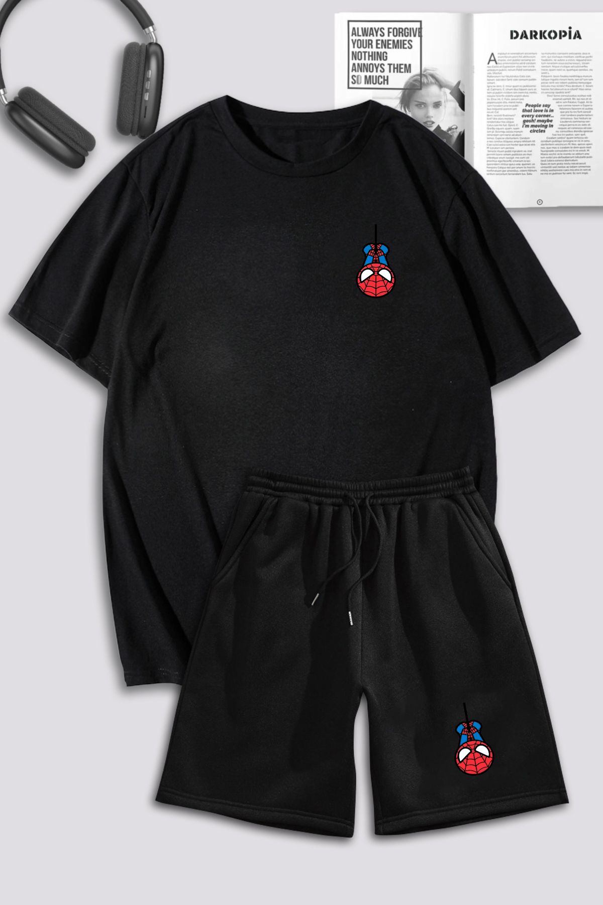 Boi Siyah Mini Spider T-Shirt Şort Kombin Takım - Baskılı Oversize Bisiklet Yaka