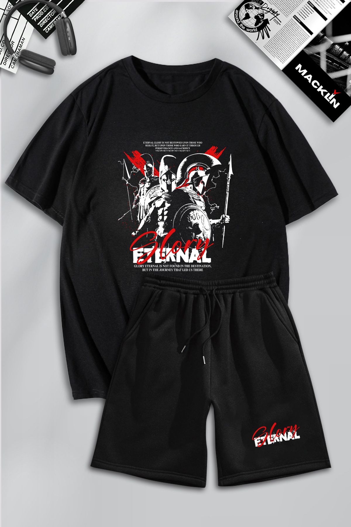 Boi Siyah Eternal Glory T-Shirt Şort Kombin Takım - Baskılı Oversize Bisiklet Yaka