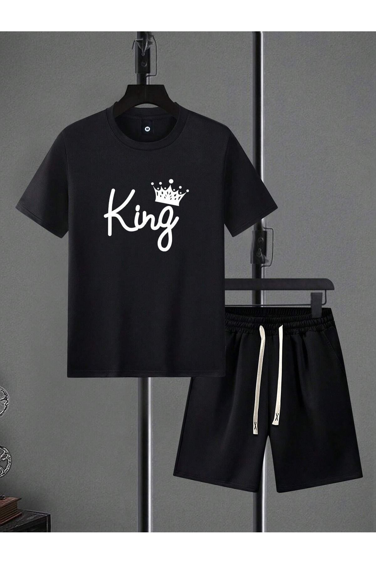 Boi King Yazı Taç T-Shirt Şort - Siyah Şortlu Tişört Alt Üst Takım Baskılı Bisiklet Yaka