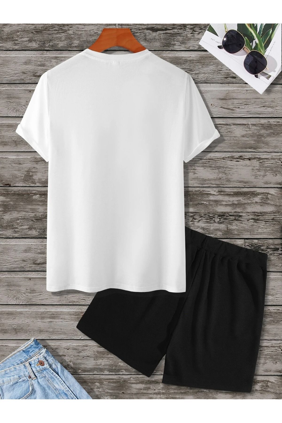 Boi-Kung Fu Bear T-Shirt Shorts - White with Black Shorts T-Shirt Bottom Top Set Printed Crew Neck 2
