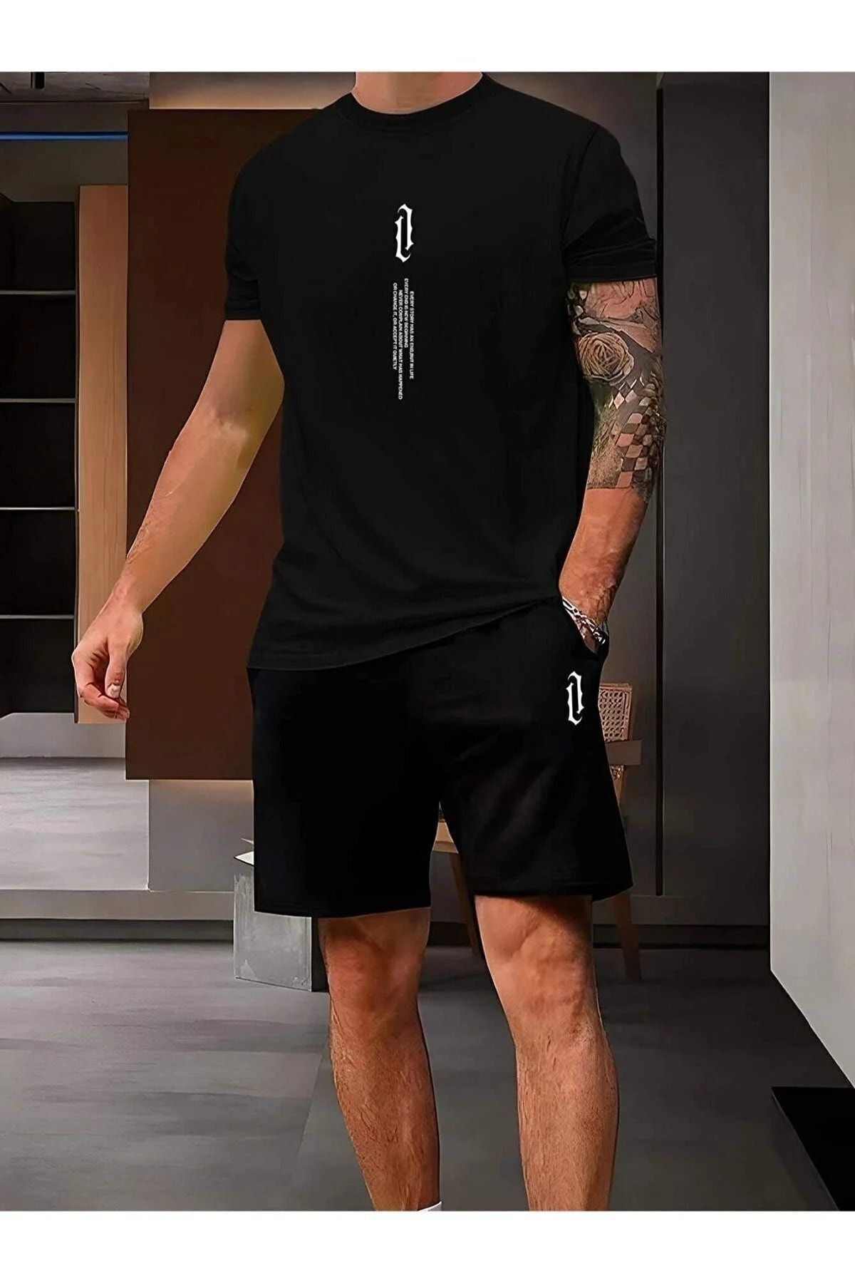 Boi Siyah Dikey Tasarım T-Shirt Şort Kombin Takım - Baskılı Oversize Bisiklet Yaka