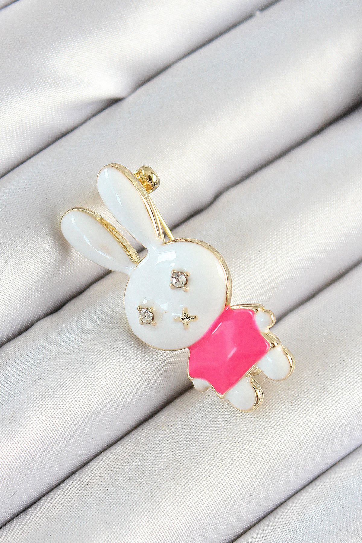 Tunastore Zirkon Taş Detaylı Beyaz Ve Pembe 3D Tavşan Figürlü Kadın Broş