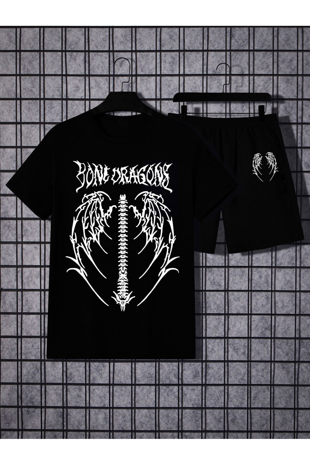 Boi Bone Dragons T-Shirt Şort - Siyah Şortlu Tişört Alt Üst Takım Baskılı Bisiklet Yaka