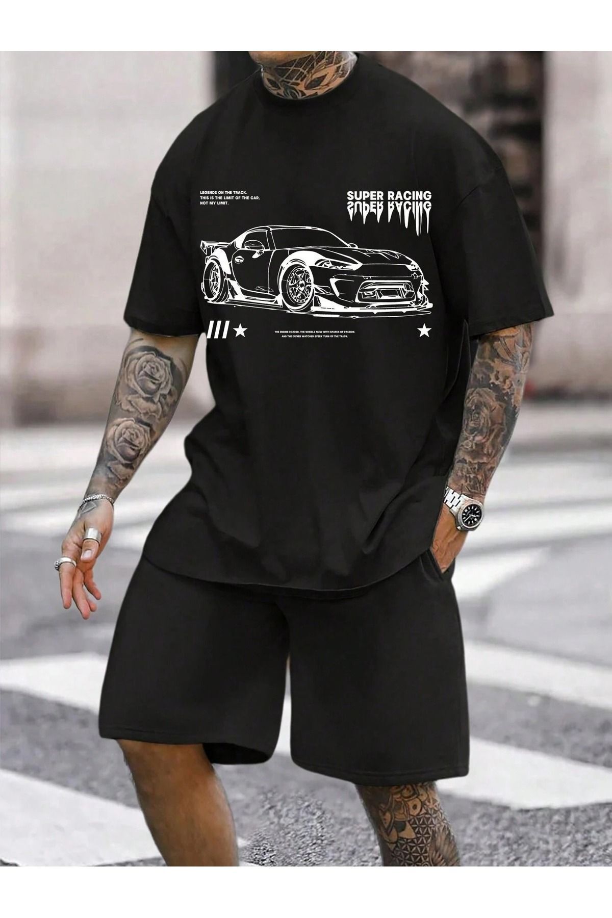Boi Süper Racing T-Shirt Şort - Siyah Şortlu Tişört Alt Üst Takım Baskılı Bisiklet Yaka