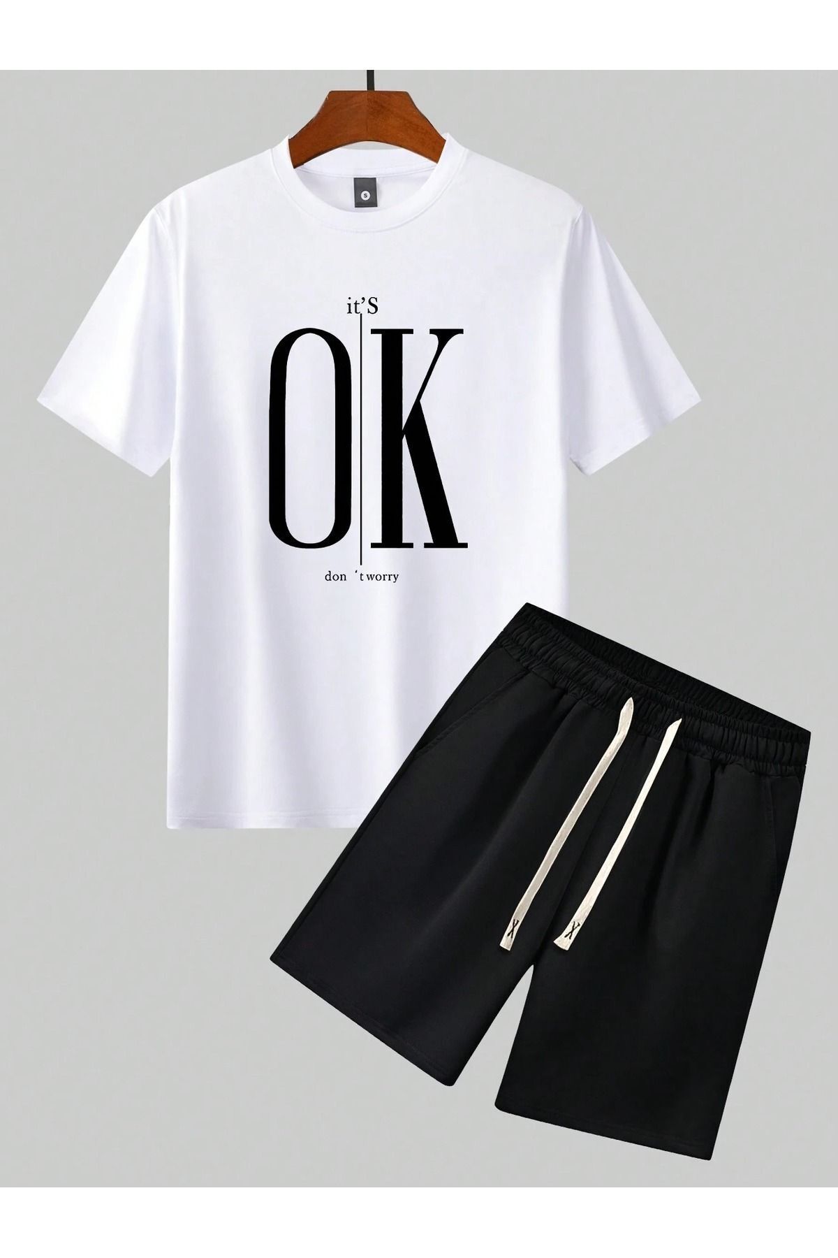 Boi Its Ok T-Shirt Şort - Beyaz Siyah Şortlu Tişört Alt Üst Takım Baskılı Bisiklet Yaka