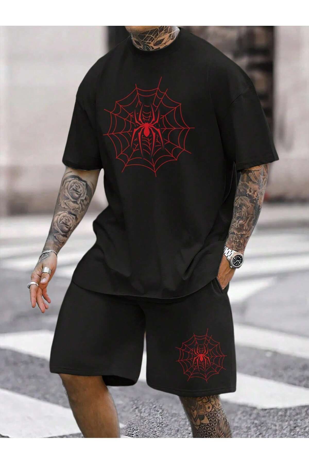 Boi Örümcek Ağ T-Shirt Şort - Siyah Şortlu Tişört Alt Üst Takım Baskılı Bisiklet Yaka