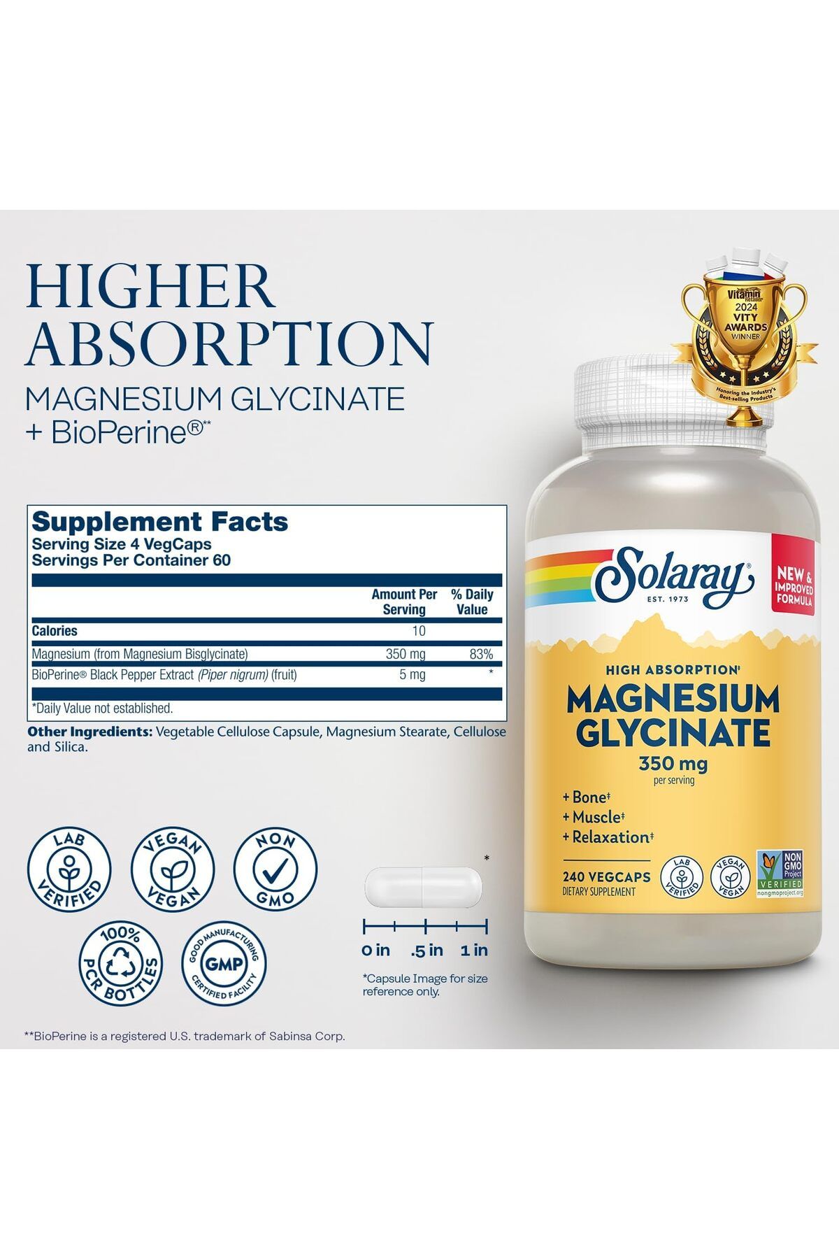 Solaray , Magnesium Glycinate High Absorption , 350 mg, 240 tablet Magnezyum Glisinat Yüksek Emilim