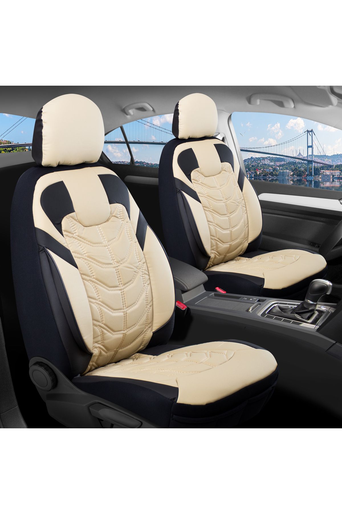 autogoodstore Citroen C1 Uyumlu Lüx Deri Oto Koltuk Kılıfı Ön Arka Takım SILVER BEJ SİYAH