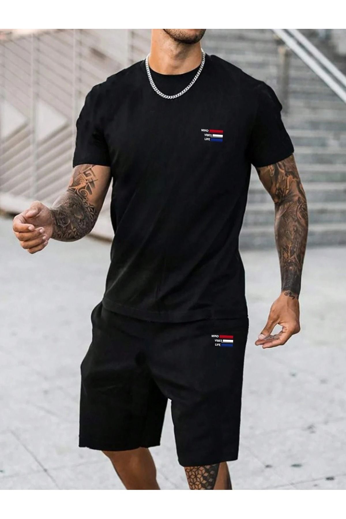 Boi Mind Life T-Shirt Şort - Siyah Şortlu Tişört Alt Üst Takım Baskılı Bisiklet Yaka