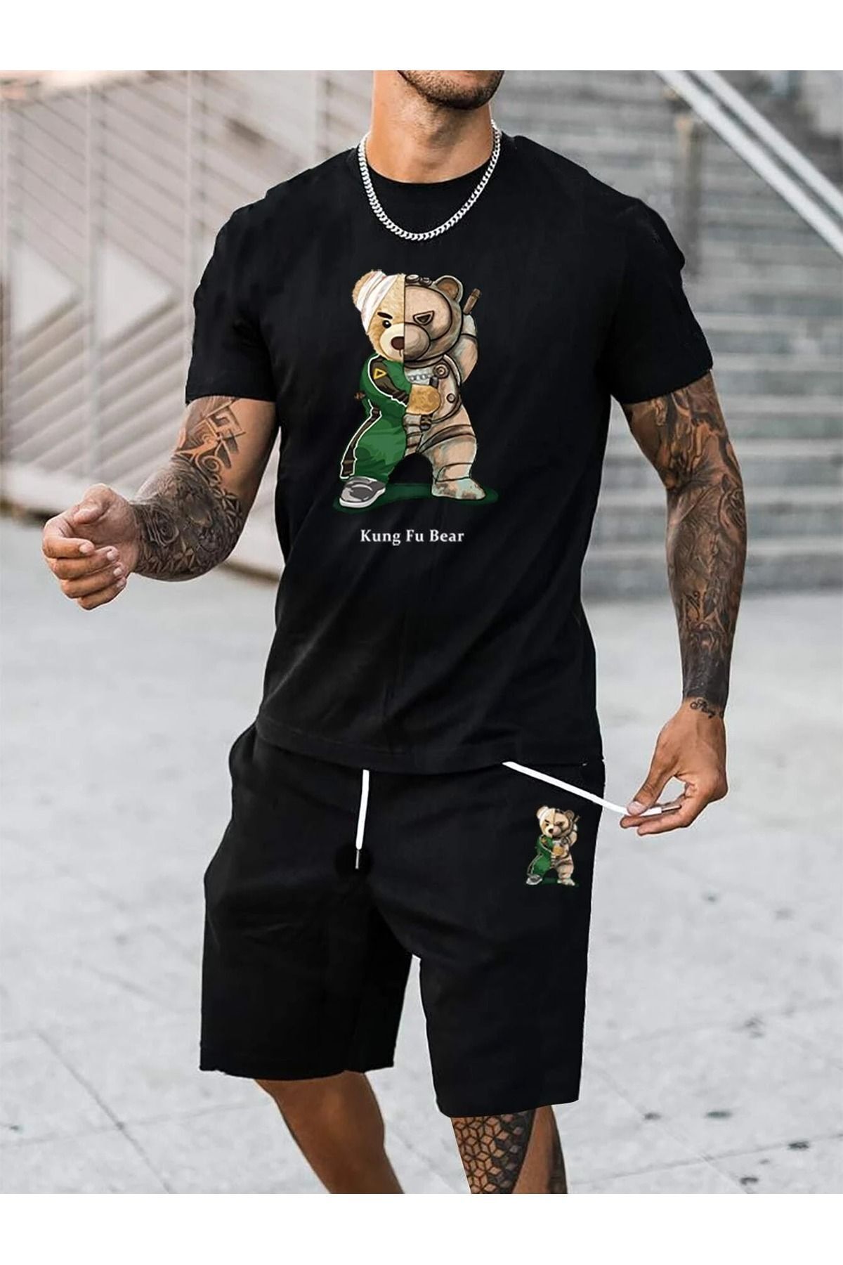 Boi Kung Fu Bear T-Shirt Şort - Siyah Şortlu Tişört Alt Üst Takım Baskılı Bisiklet Yaka