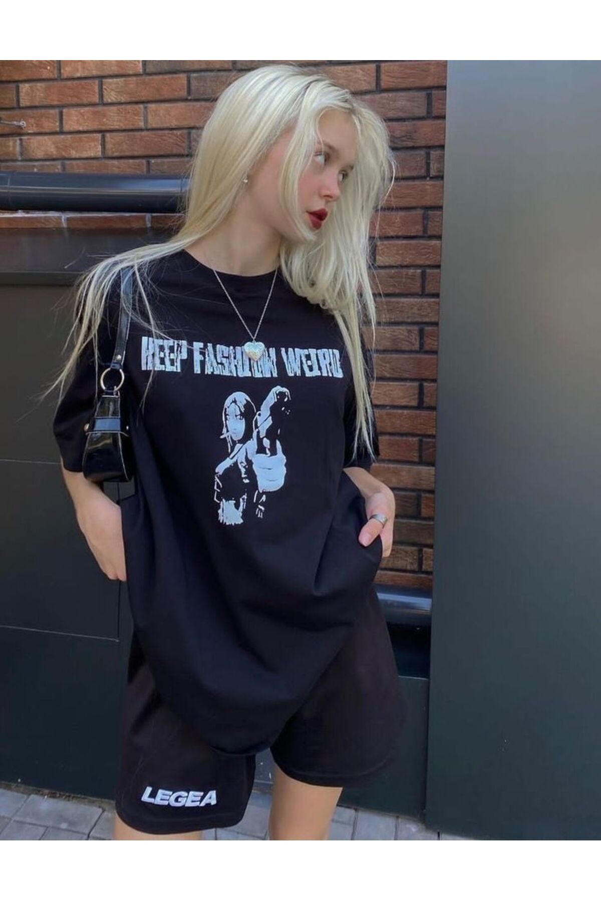 Boi Keep Legea T-Shirt Şort Kombin Takım - Siyah Baskılı Oversize Bisiklet Yaka