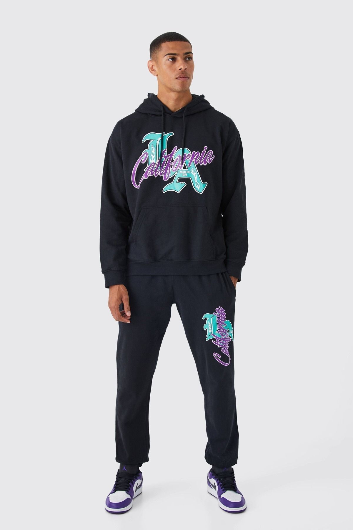 Boi California La Div Eşofman Takımı - Siyah Baskılı Takım Jogger Sweatshirt Lastik Paça Kapüşonlu