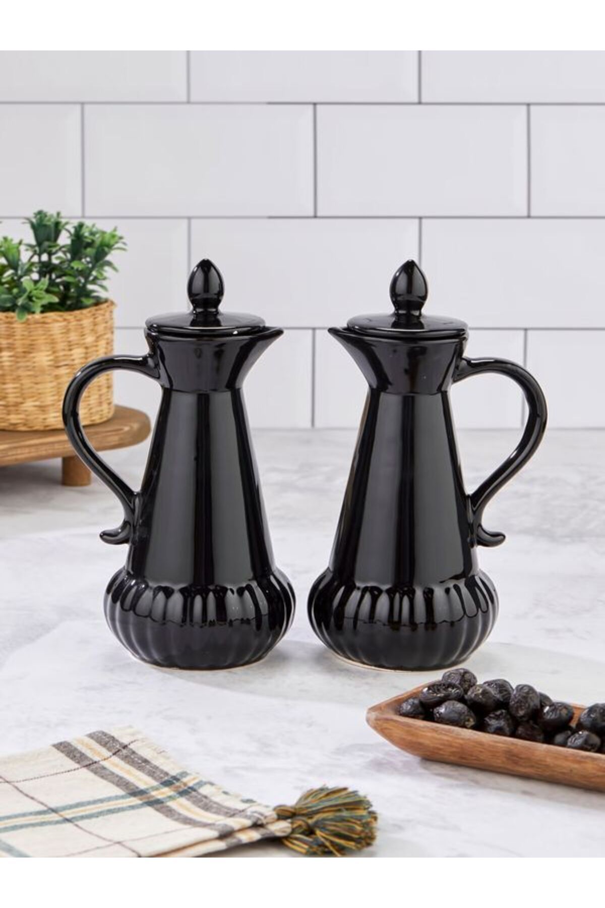 HANK TİCARET Modern 2'li Seramik Yağdanlık Zeytin Karası