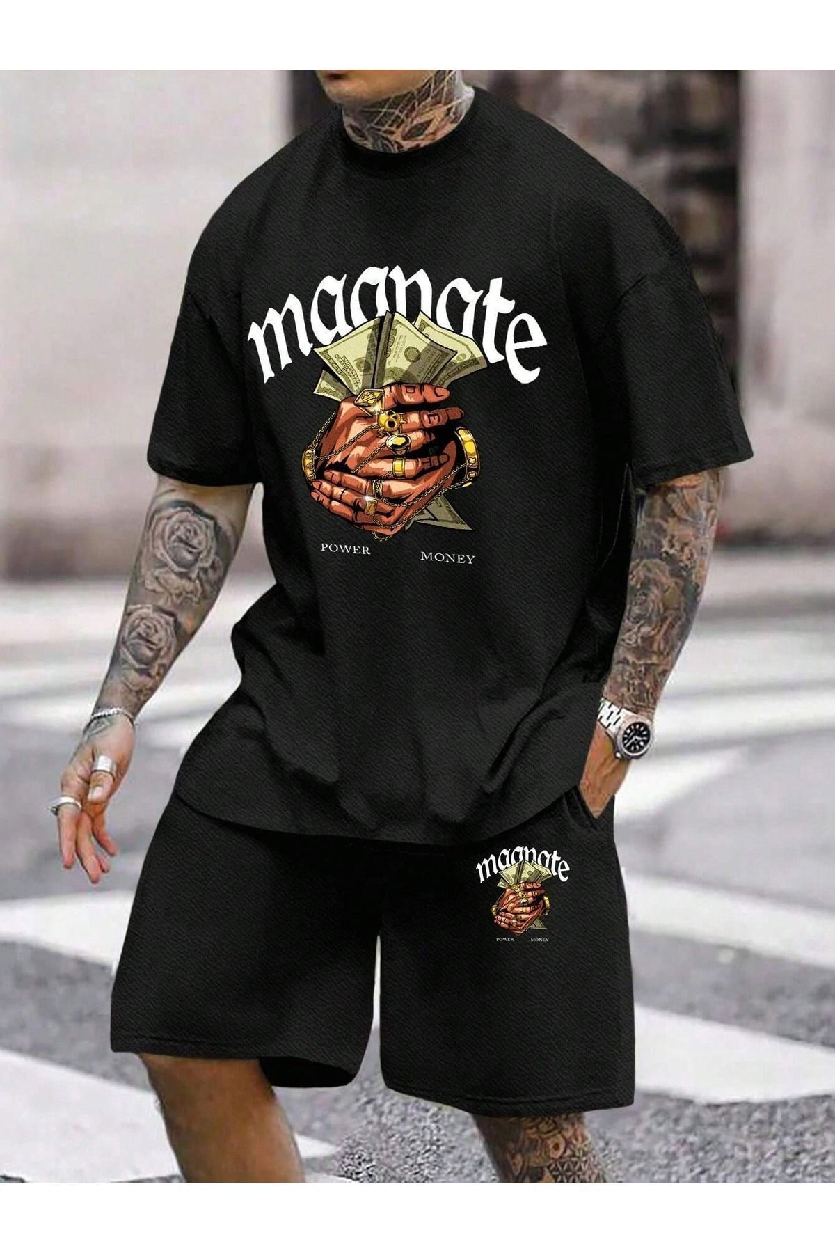 Boi Power Money T-Shirt Şort - Siyah Şortlu Tişört Alt Üst Takım Baskılı Bisiklet Yaka