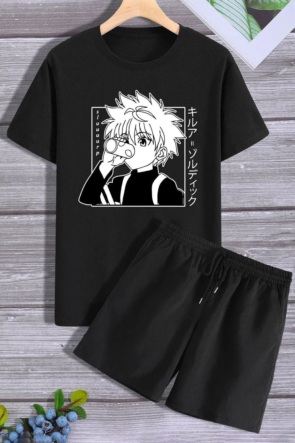 Boi Anime Boy T-Shirt Şort Kombin Takım 2 Parça- Siyah Baskılı Oversize Bisiklet Yaka