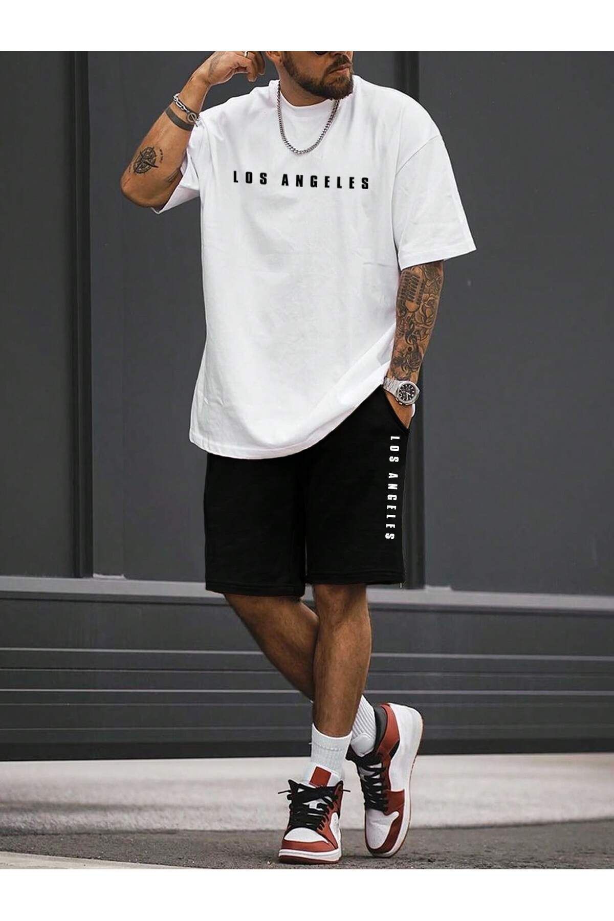 Boi Los Angeles T-Shirt Şort - Beyaz Siyah Şortlu Tişört Alt Üst Takım Baskılı Bisiklet Yaka