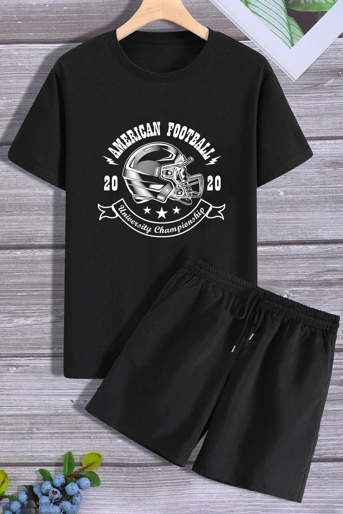 Boi American Football T-Shirt Şort Kombin Takım 2 Parça- Siyah Baskılı Oversize Bisiklet Yaka