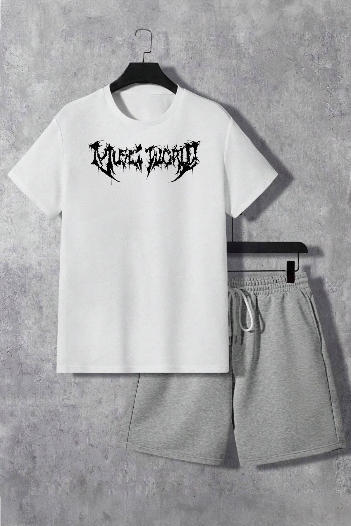 Boi Desen T-Shirt Şort - Beyaz Gri Şortlu Tişört Alt Üst Takım Baskılı Bisiklet Yaka