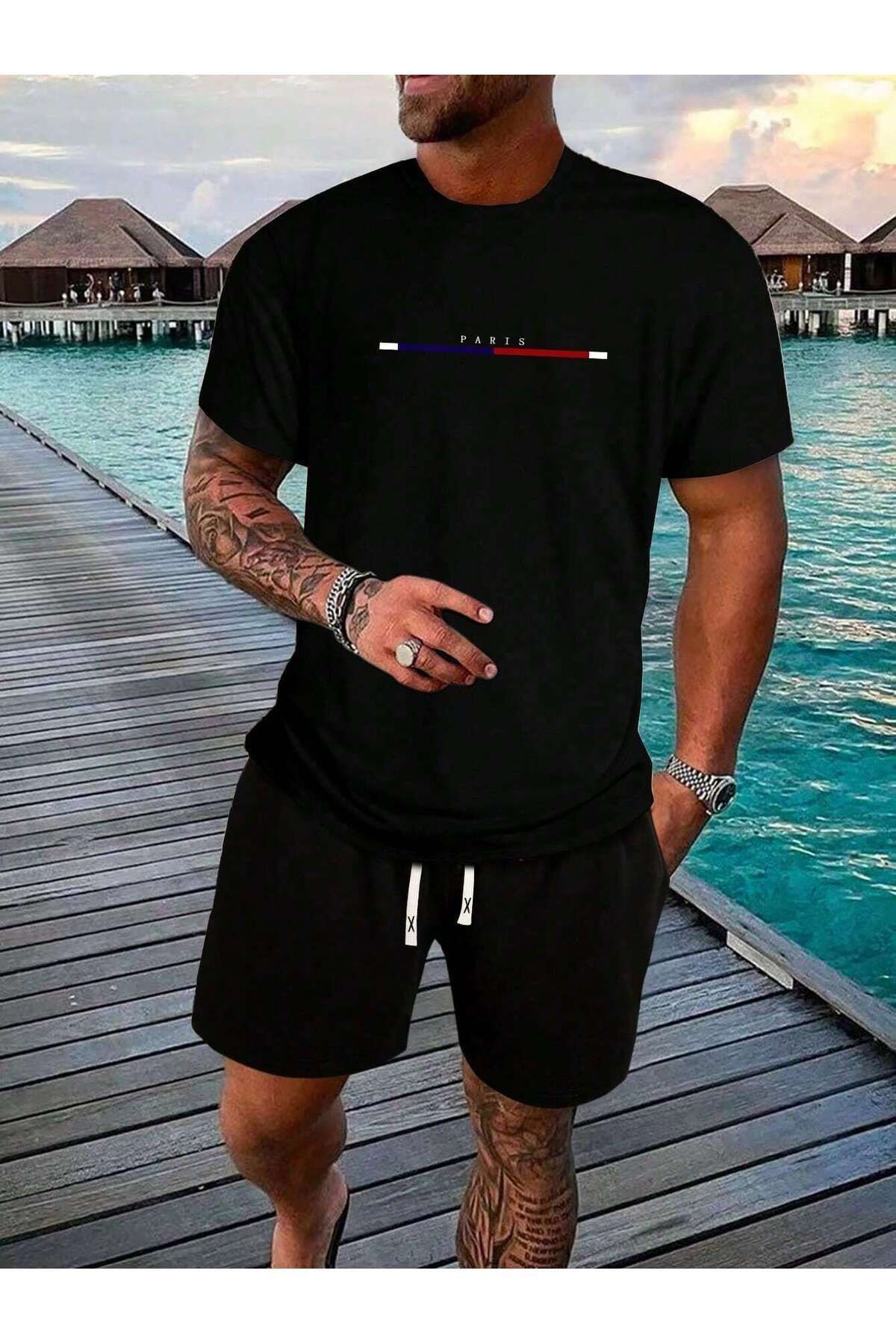 Boi Paris Minimal T-Shirt Şort - Siyah Şortlu Tişört Alt Üst Takım Baskılı Bisiklet Yaka