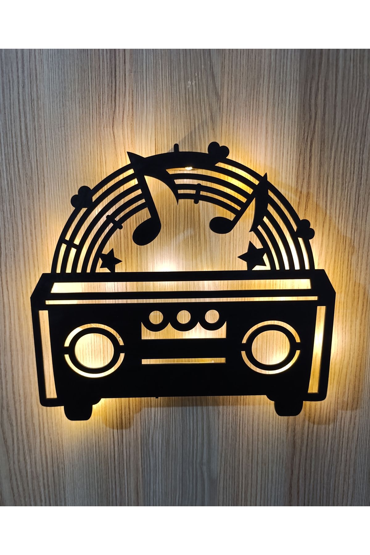 Murat Lazer Radyo Müzik Temalı Siyah Ahşap Işıklı Tablo, Duvar Dekorasyonu