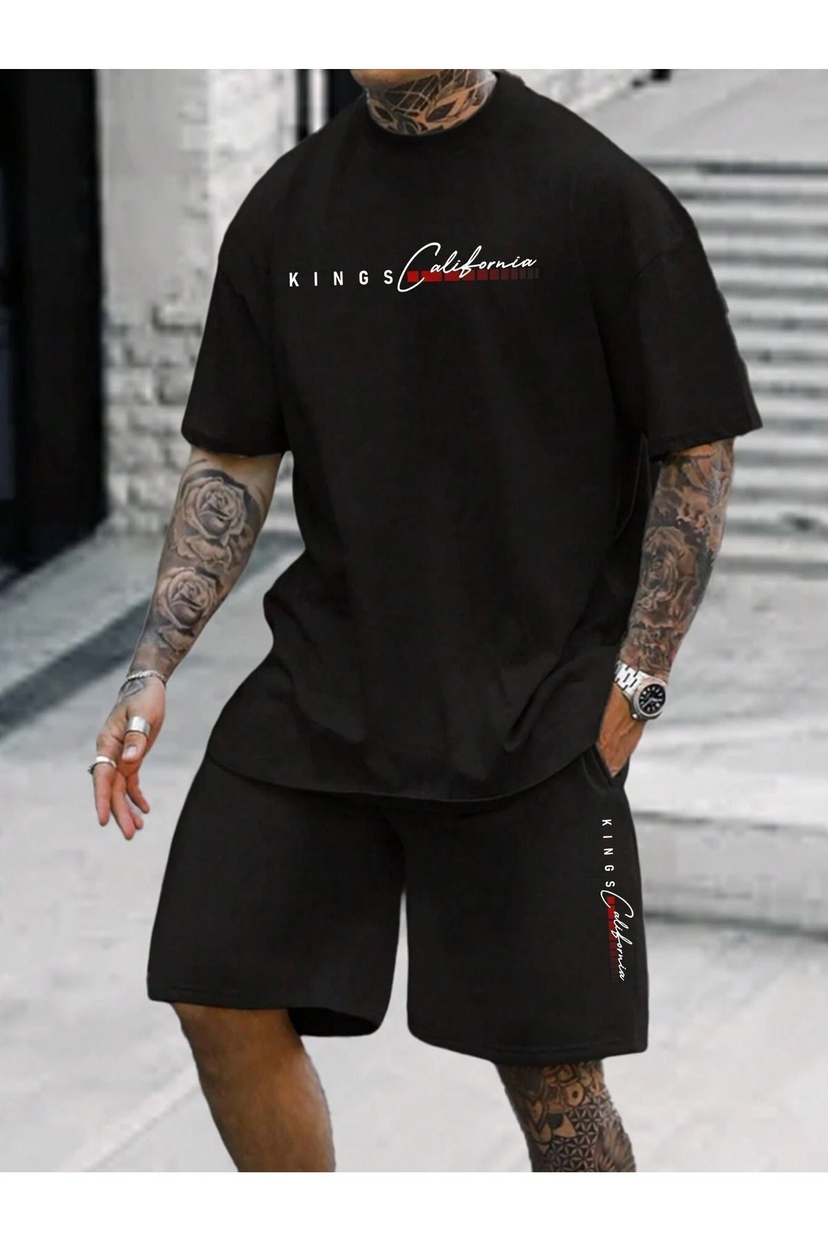 Boi Kings California T-Shirt Şort - Siyah Şortlu Tişört Alt Üst Takım Baskılı Bisiklet Yaka