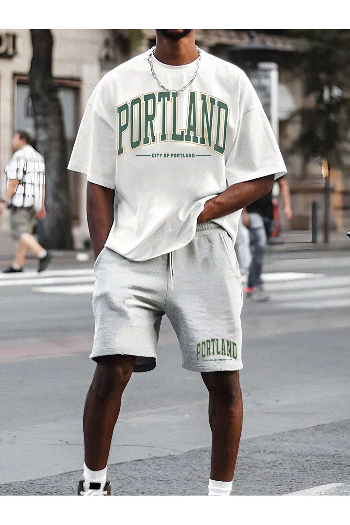 Boi Portland T-Shirt Şort - Beyaz Gri Şortlu Tişört Alt Üst Takım Baskılı Bisiklet Yaka