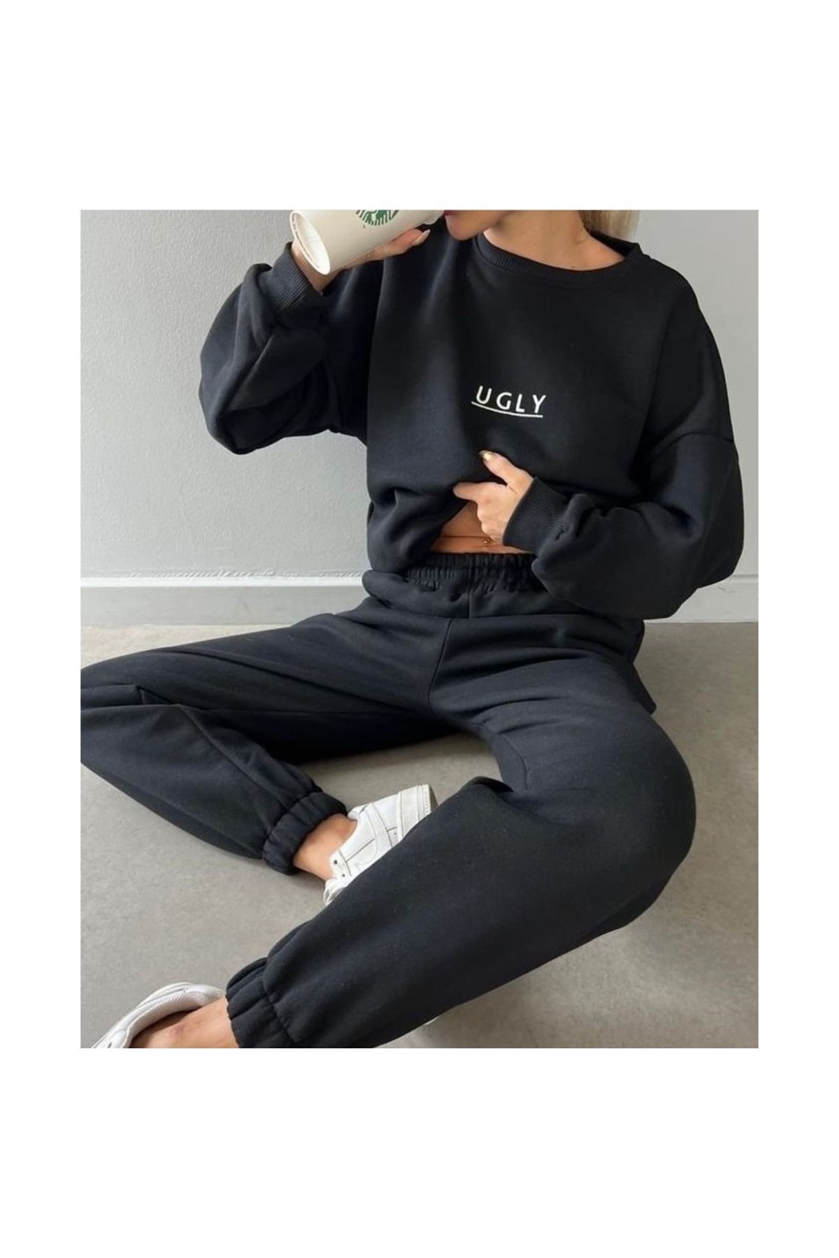Boi Ugly Eşofman Takımı - Siyah Baskılı Takım Jogger Sweatshirt Lastik Paça Bisiklet Yaka